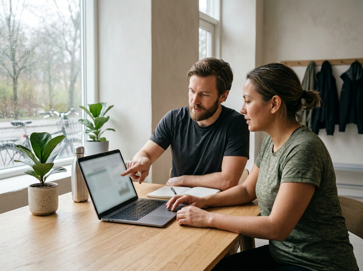 Coach som går igenom ett digitalt kost- och träningsupplgg