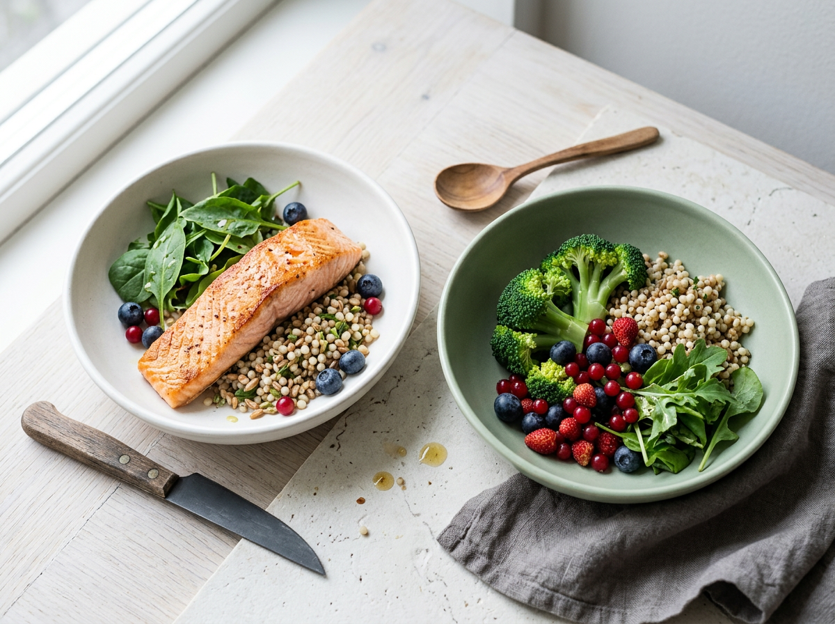 Näringsrik måltid med grönsaker, protein och fullkorn på en tallrik