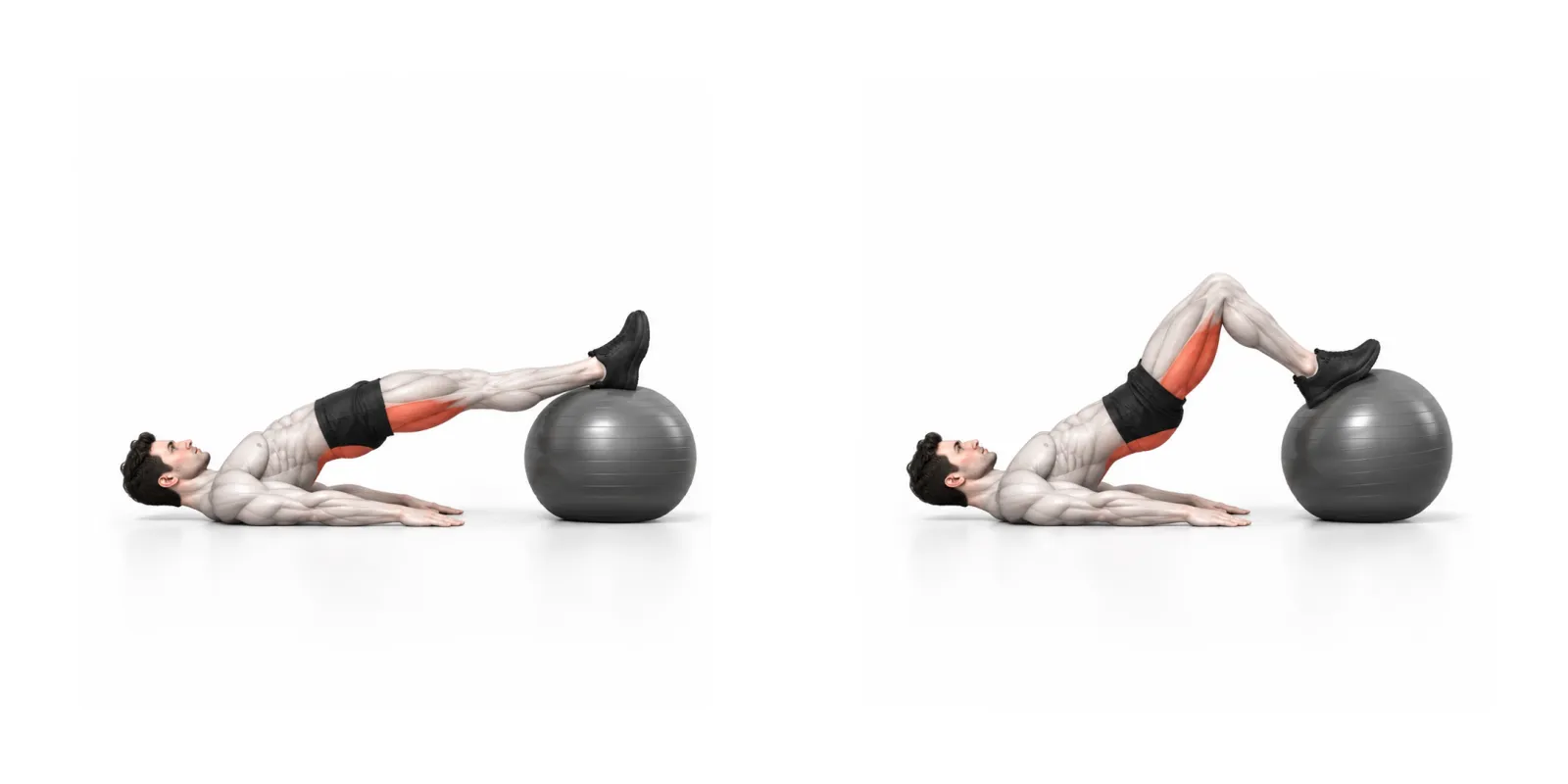 Lårcurl på pilatesboll: höften lyft med raka ben och bollen inrullad med böjda knän