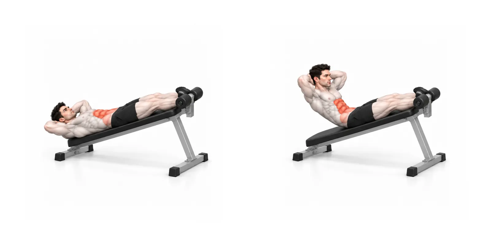 Sit-ups på lutande bänk: liggande och upprest överkropp